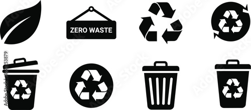 Black recycling and zero waste icons set on transparent background silhouette