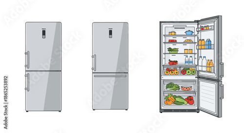 Modern kitchen refrigerators shown closed in silver and open with food and drinks on white background.