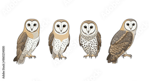 Detailed set of four barn owls shown in different poses and perched positions on white background.