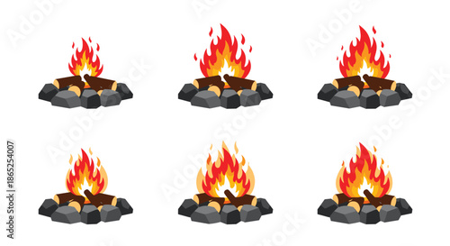 Six different styles of campfires burning on stone rings with various flame shapes and wood types.
