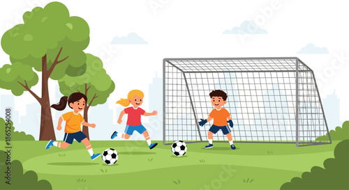 Children playing soccer on a green field with a goalpost trees and a city skyline in background.