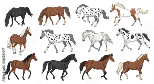 Collection of horses in various colors and patterns captured in different walking and trotting poses.