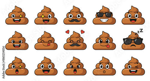 Large collection of poop emoji characters with various facial expressions like happy cool mustache and sleeping.