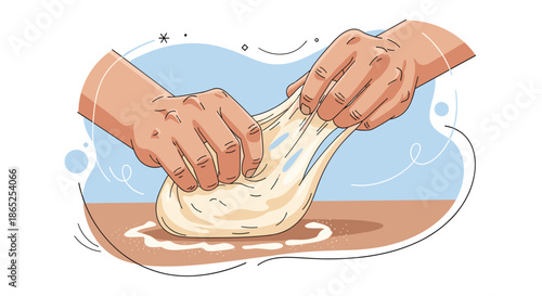 Close up view of hands kneading and stretching dough on a table representing baking and food preparation.