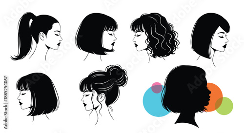 Silhouettes and profile views of women showing various hairstyles like ponytails bobs and curls in a set.