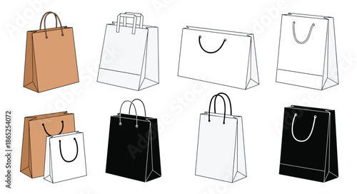 Variety of shopping bags in different colors and styles shown in line art and solid versions.