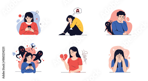 Set of illustrations depicting people struggling with mental health issues, sadness, anxiety, and haunting memories represented by shadow figures.