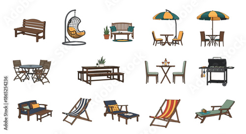 Assorted garden and patio furniture set icons including chairs, tables, benches, sun umbrellas, and sun loungers for landscape design visualization.