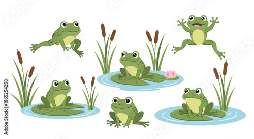 Collection of cute green frogs in various poses such as jumping, sitting on lily pads, and swimming in a pond with reeds and flowers.