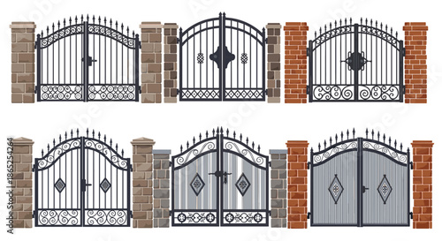 Selection of decorative wrought iron gates with stone and brick pillars suitable for architectural entrance designs or property security concepts.