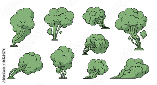 Different shapes and sizes of toxic green gas or smoke clouds billowing upwards from the ground for environmental or chemical hazard concepts.