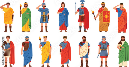 Set of ancient Roman characters vector illustration featuring emperors soldiers in armor citizens in togas and gladiators for historical and educational design projects