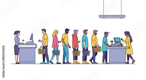 Diverse group of customers waiting in line at supermarket checkout counters with shopping baskets and groceries for retail and consumerism themes.