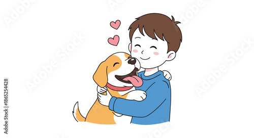 Cheerful young boy sharing a loving moment with his happy beagle dog with floating hearts representing the pure joy of pet ownership.