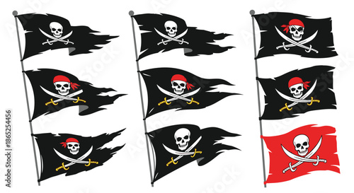 Collection of tattered black and red pirate flags with Jolly Roger skull and crossbones symbols for maritime adventure and historical themes.