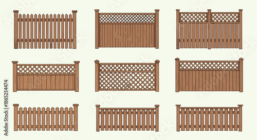 Selection of different wooden fence and gate designs including picket, lattice, and solid panels for residential property boundary concepts.