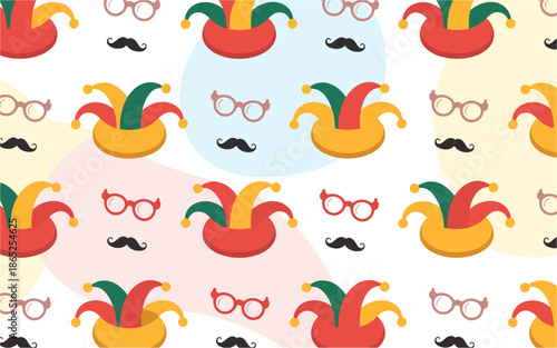 A colorful vector graphic illustration of a repeating pattern featuring jester hats, glasses, and mustaches in a playful design.