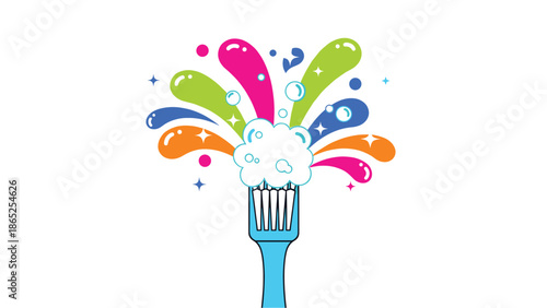 A colorful vector graphic of a toothbrush with vibrant toothpaste splashes