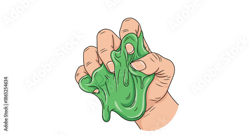 Human hand squeezing a large amount of bright green slime or gooey substance showing texture and dripping motion.