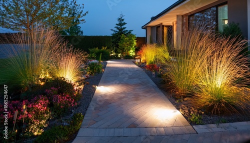 modern gardening landscaping design details illuminated pathway in front of residential house landscape garden with ambient lighting system installation highlighting flowers plants