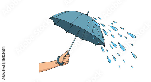 Person holding a blue umbrella to shield themselves from falling raindrops in a conceptual weather illustration.