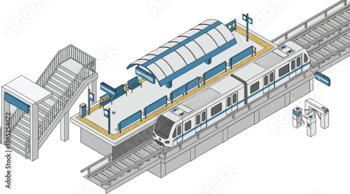 Isometric subway station platform vector illustration featuring modern commuter train tracks stairs turnstiles and blue passenger waiting area for urban transit transport concepts