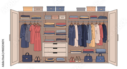 Large open wardrobe filled with neatly organized clothing, dresses, coats, boxes, and fashion accessories inside.
