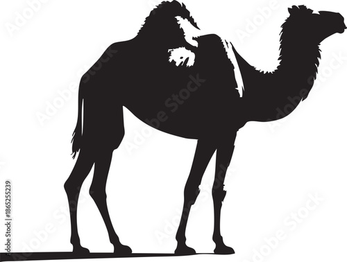 Camel stands majestically with its distinctive hump and long neck against a clean white background showcasing its elegance and Page Page serene demeanor in a beautiful illustration.