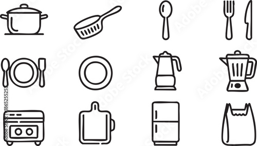 Collection of kitchen utensils and appliances icons displayed in a grid layout