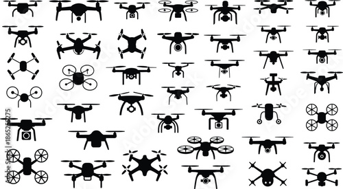 Collection of drone silhouettes with cameras, quadcopters, UAV icons for aerial photography, surveillance, delivery, technology, and flying drone designs