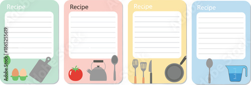 Set of colorful recipe card templates vector illustration featuring kitchen tools and ingredients for meal planning cooking instructions and cookbook organization projects