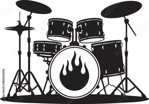 Dramatic drum Page illustration features a drum Page with a flame graphic on the bass drum head symbolizing passion and energy for music and live performances in a rock or Page Page setting.