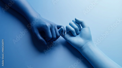 Two blue-toned hands make a pinky promise gesture, symbolizing trust and commitment against a soft blue background.