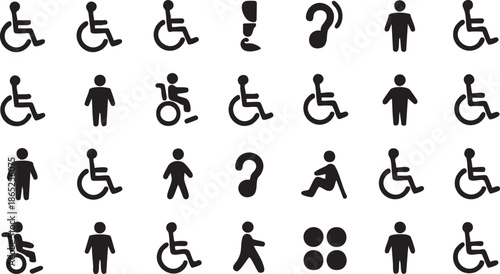 Collection of accessibility icons representing various disabilities and people with different abilities in a grid layout
