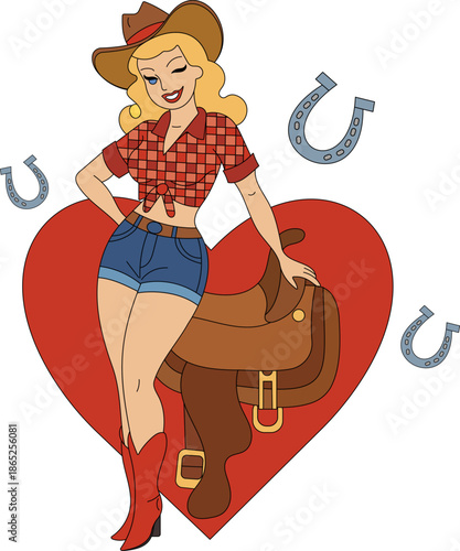 Vintage western pin-up cowgirl in a red heart with saddle and horseshoes. Red plaid tied shirt, denim shorts, cowboy hat, western boots. 1940s–1950s Americana tattoo flash style. Vector clipart