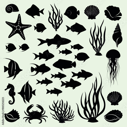 create on black fish silhouettes with sea animals, starfish, seashells, and seaweed, aquatic marine life icons vector design illustration set.