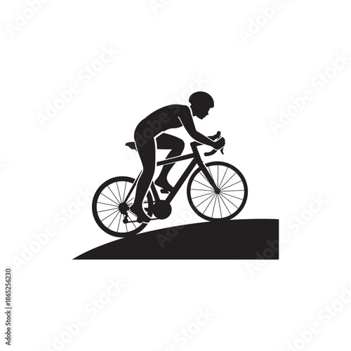 A silhouette illustration of a dedicated cyclist riding a road bike up an incline