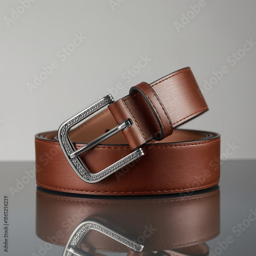 Premium Tan and Dark Brown Leather Belt Collection with Ornate Engraved Silver Western Buckle and Studded Detail Isolated on White