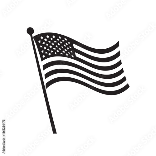 Black and white icon of the united states flag waving on a flagpole in silhouette style