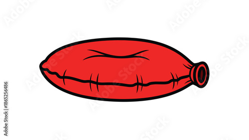 A red sausage icon with black lines on a white background