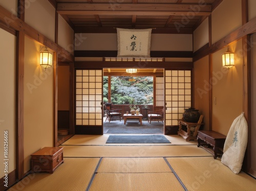 Tranquil Japanese Interior with Shōji Screens and Zen Garden View