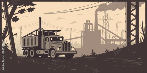 Heavy Truck in Industrial Zone with Smoky Factories