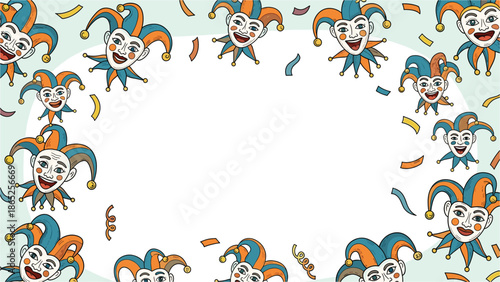 A colorful illustration of jester faces and confetti in a circular pattern on a white background