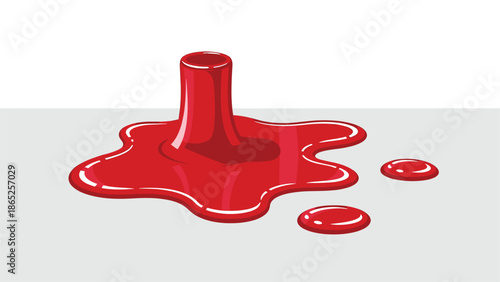 A vector graphic illustration of red liquid spilling from a cylindrical object onto a gray surface