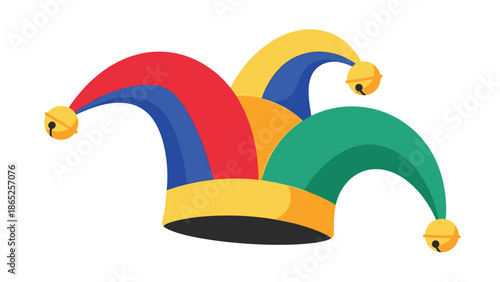 A colorful jester's hat with multiple points and bells on a white background