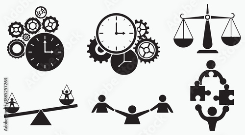 Time Management Justice Scales and Teamwork Business Icon Set