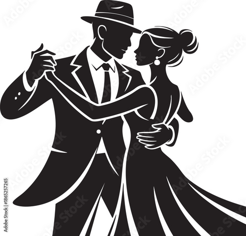 Stylized black silhouette illustration of a couple dancing together in elegant attire, with Page Page Page Page older-style dress and fedora hat.