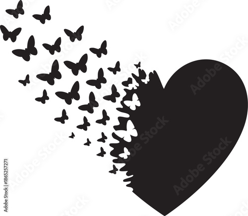 Silhouette of a heart breaking Page Page apart with multiple butterflies flying out coordin Page symbolizing freedom, transformation.