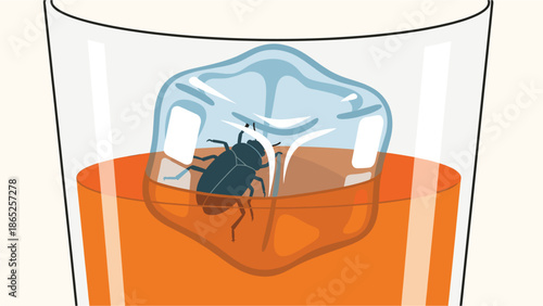 A vector graphic illustration of a cockroach trapped in an ice cube in a glass of orange liquid