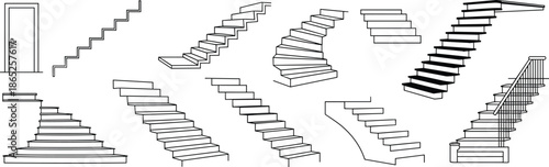 Collection of modern stairs and door outline, architectural design elements, staircases illustration, steps, curved stairs, minimalistic black white